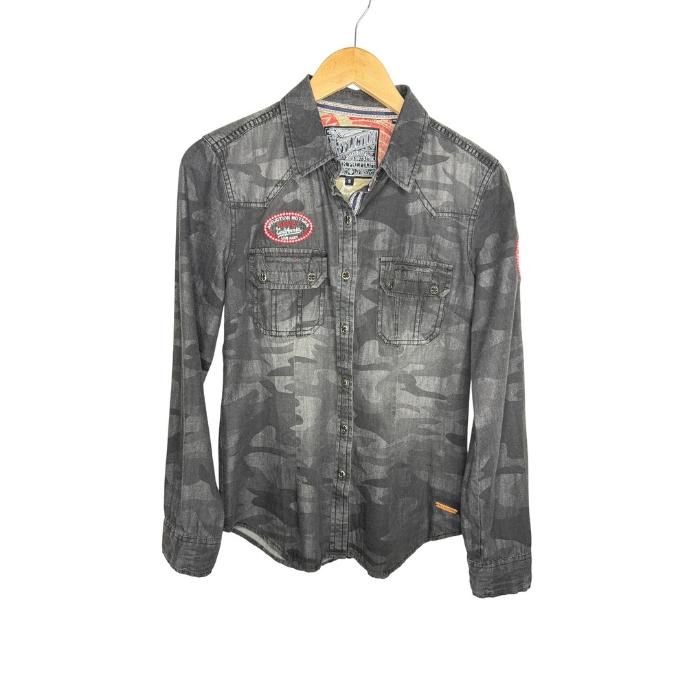 Affliction Black Premium Camo Lace Up‎ Back Denim Shirt Women's Size S